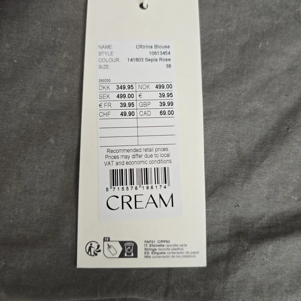 CREAM CRIRINA BLOUSE – SEPIA ROSE, EU 38 (UK 10)