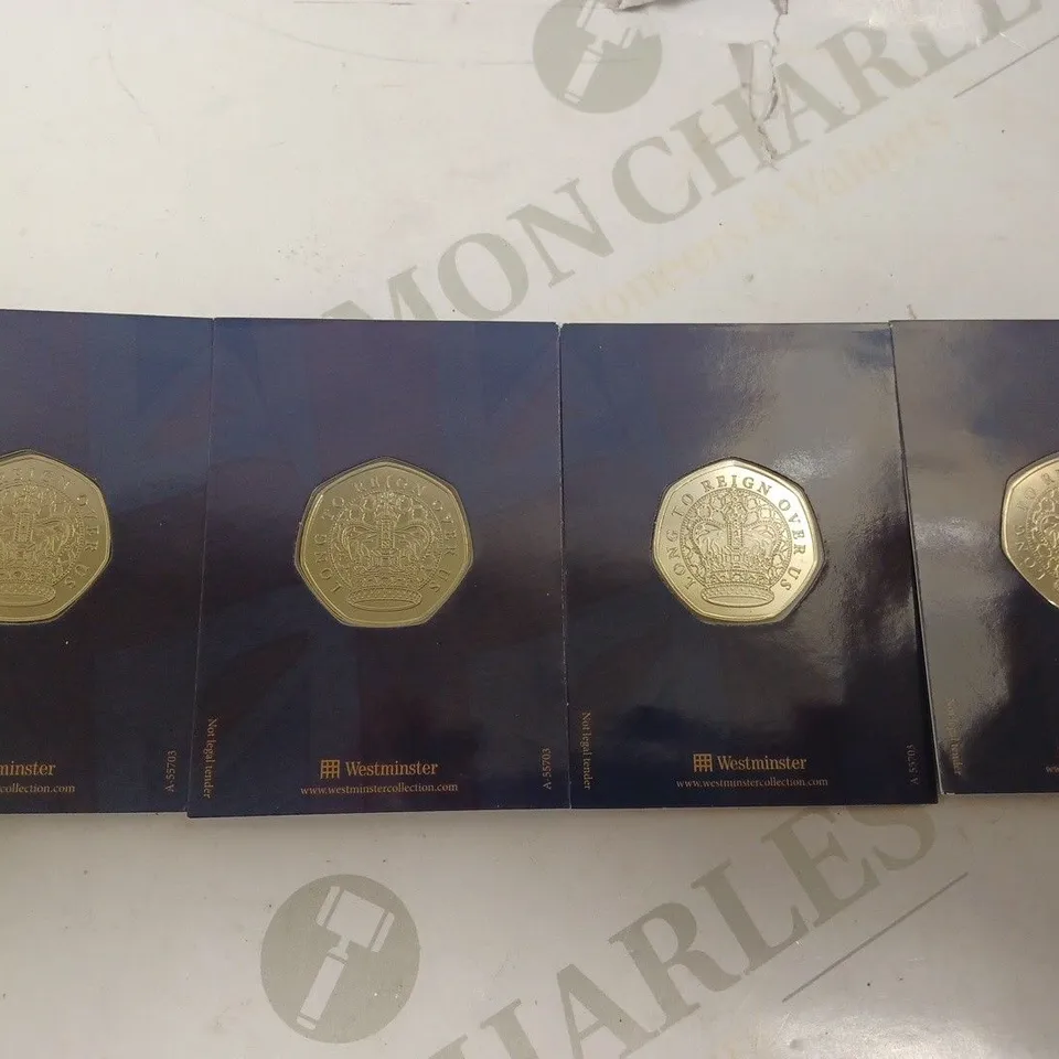 BOX OF 4 SETS OF KING CHARLES III COLLECTABLE 50P COINS
