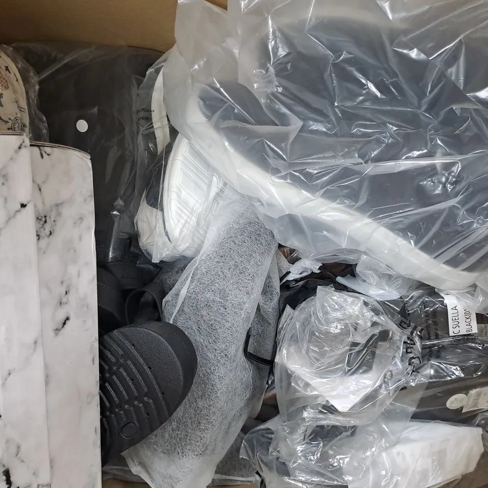 BOX OF APPROXIMATELY 15 ASSORTED PAIRS OF SHOES AND FOOTWEAR ITEMS IN VARIOUS COLOURS, STYLES, AND SIZES - COLLECTION ONLY