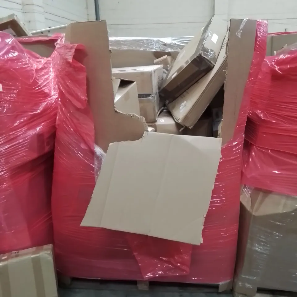 PALLET OF ASSORTED HOUSEHOLD GOODS AND PRODUCTS TO INCLUDE; RETRACTABLE GATE, STORAGE OTTOMAN, A3 BLACK SIGN STAND, BOXED FURNITURE ETC
