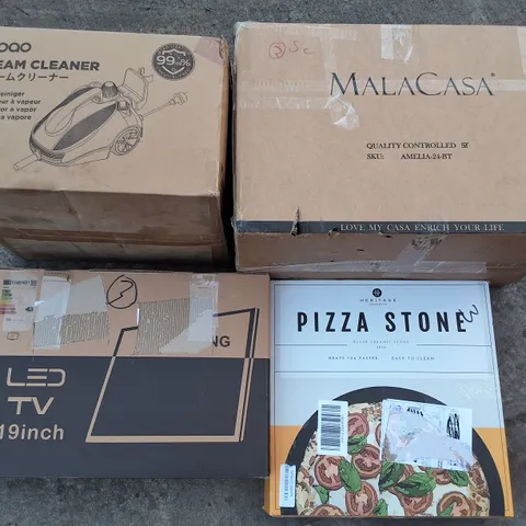 PALLET OF ASSORTED HOUSEHOLD ITEMS TO INCLUDE PIZZA STONE, STEAM CLEANER AND MALACASA AMELIA DINNER SET