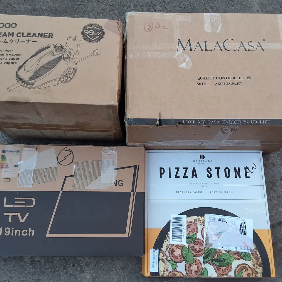 PALLET OF ASSORTED HOUSEHOLD ITEMS TO INCLUDE PIZZA STONE, STEAM CLEANER AND MALACASA AMELIA DINNER SET