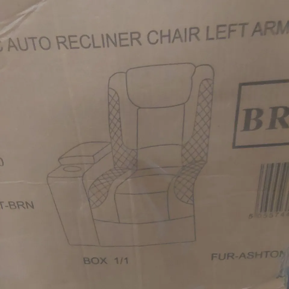 BOXED ASHTON FABRIC AUTO RECLINER LEFT ARM CHAIR PIECE AND CENTER CONSOLE SPEAKER UNIT (2 BOXES)