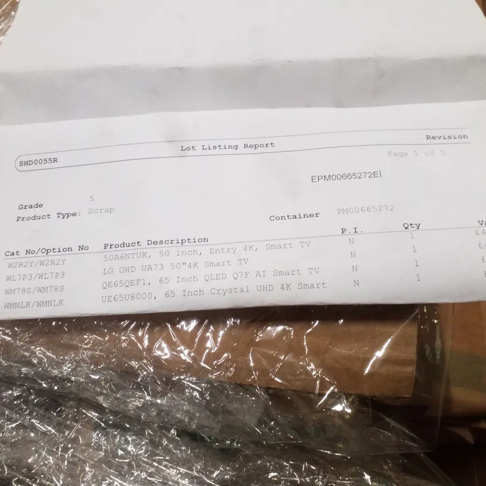 PALLET OF FIVE ASSORTED WAREHOUSE DAMAGED TV'S TO INCLUDE;