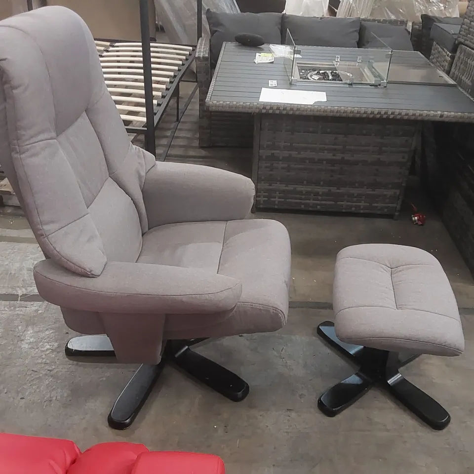 QUALITY DESIGNER FABRIC UPHOLSTERED SWIVEL ARMCHAIR WITH FOOTREST 