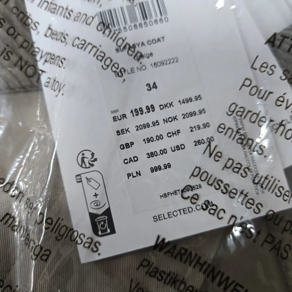 BAGGED SELECTED FEMME SLFASYA COAT – GREIGE, UK 6 (EU 34)