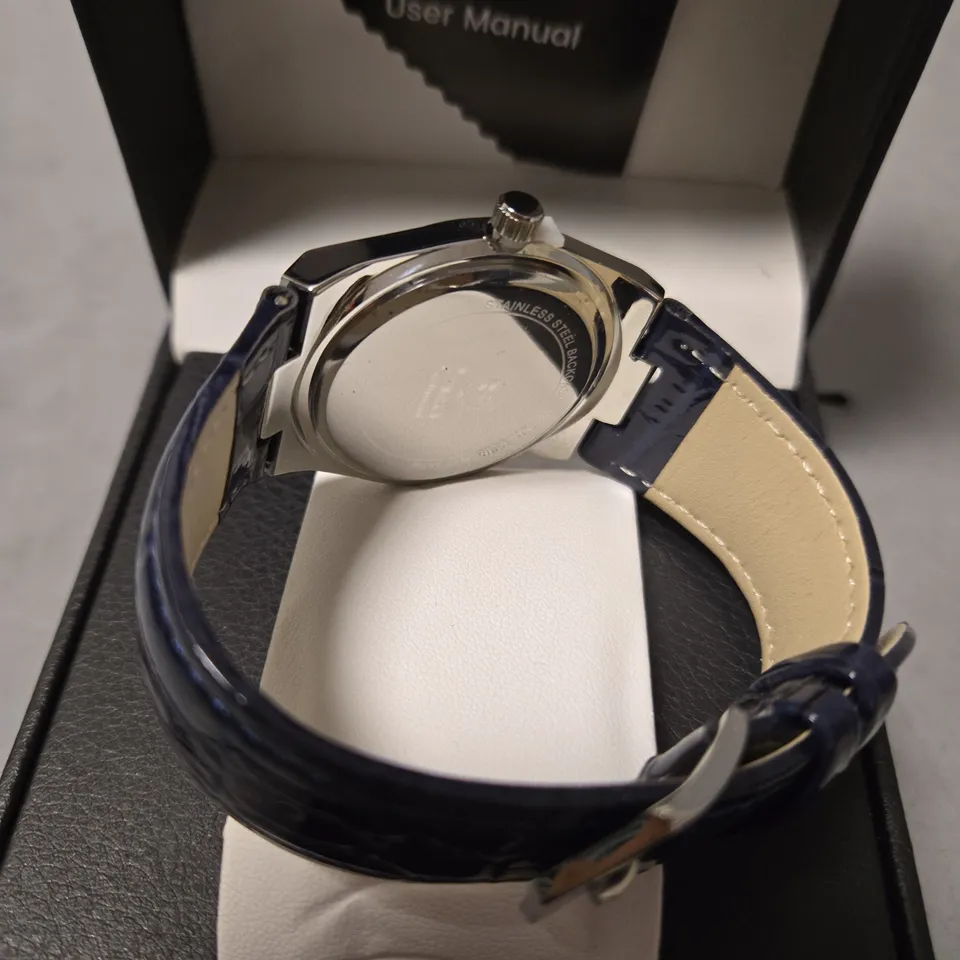 BOXED ERNEST FERDINAND MENS BLUE DIAL LEATHER STRAP WATCH