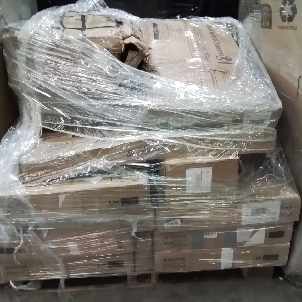 PALLET CONTAINING ASSORTED HOUSEHOLD PRODUCTS INCLUDING DESK WITH 8 DRAWERS, ROWING MACHINE, SELF ADHESIVE VINYL PLANKS & WALKING TREADMILL