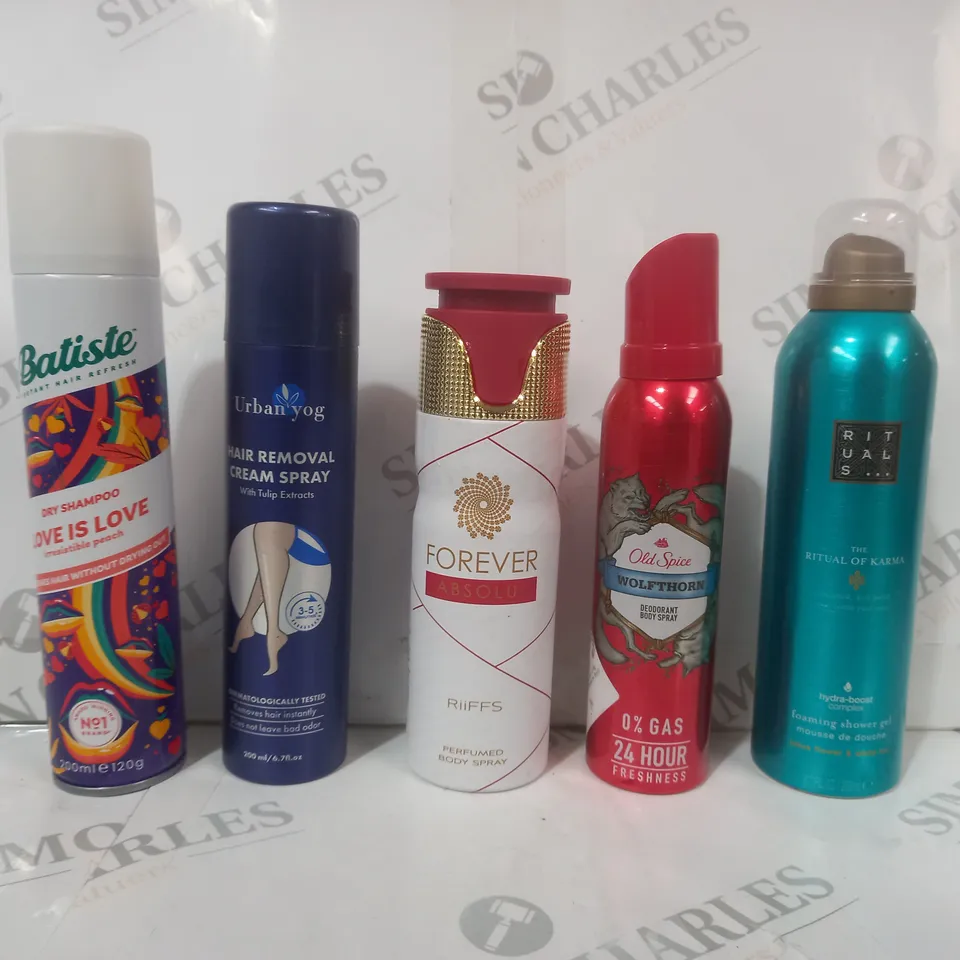 APPROXIMATELY 20 ASSORTED AEROSOL ITEMS IN INCLUDE FOREVER ABSOLU BODY SPRAY, OLD SPICE BODY SPRAY, RITUALS SHOWER GEL, ETC - COLLECTION ONLY