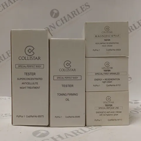 BOX OF APPROX 30 ASSORTED COLLISTAR TESTER PRODUCTS TO INCLUDE ANTICELLULITE NIGHT TREATMENT, TONING FIRMING OIL, REPLUMPING FACE CREAM, ETC 