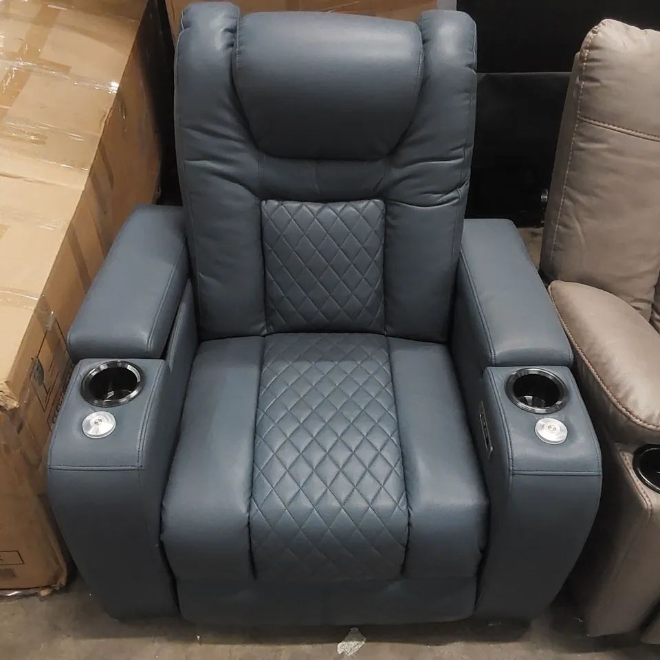 QUALITY DESIGNER FAUX LEATHER ELECTRIC RECLINING ARMCHAIR WITH CUPHOLDERS - BLUE