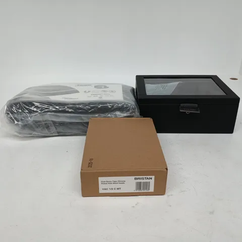 BOX OF APPROXIMATELY 20 ASSORTED ITEMS TO INCLUDE STACKERS WATCH DISPLAY CASE, BRISTAN CLUB BASIN TAPS, GREY DIAMOND MATTRESS TOPPER ETC