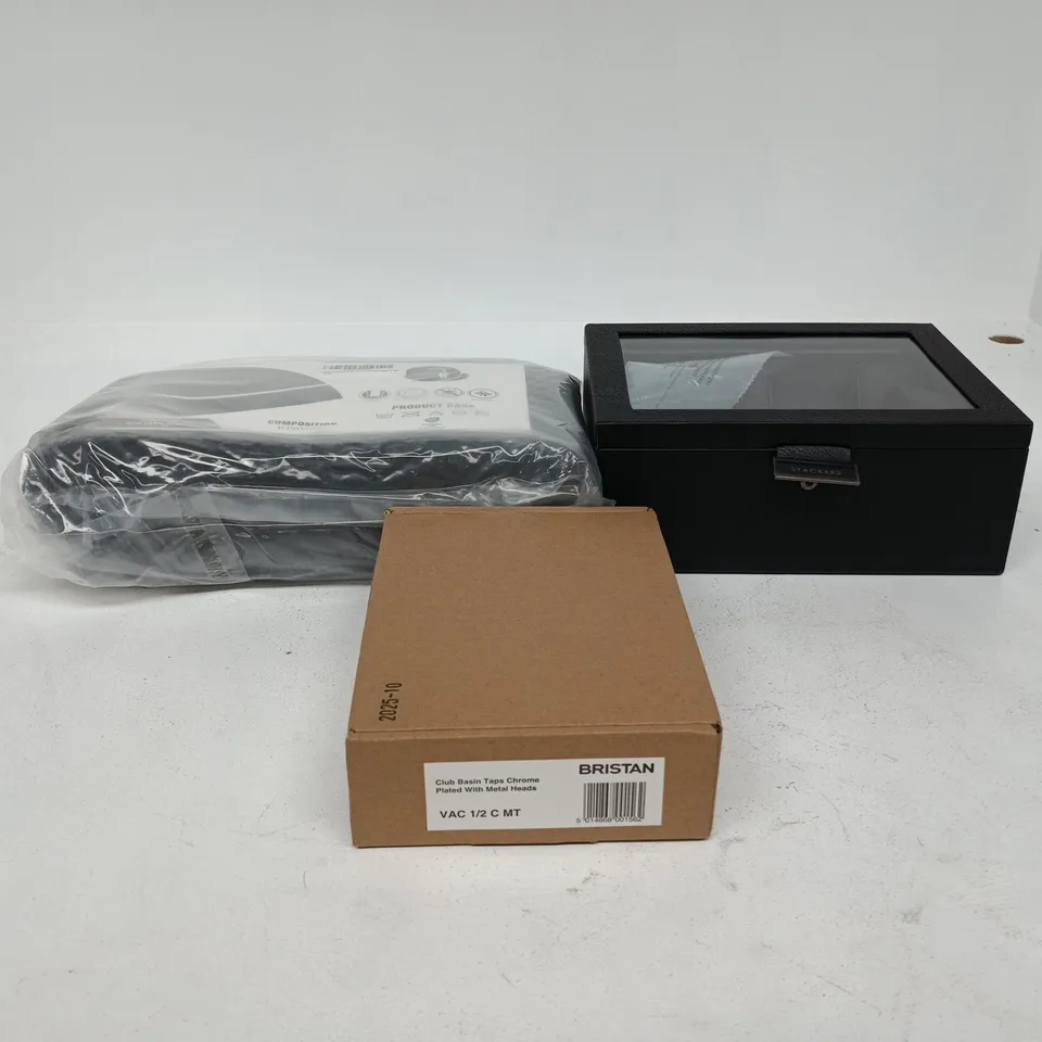 BOX OF APPROXIMATELY 20 ASSORTED ITEMS TO INCLUDE STACKERS WATCH DISPLAY CASE, BRISTAN CLUB BASIN TAPS, GREY DIAMOND MATTRESS TOPPER ETC