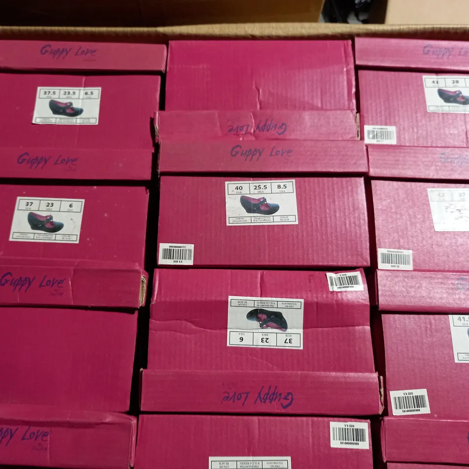 APPROXIMATELY 12 BOXED PAIRS OF GUPPY LOVE BY BLOWFISH WEDGE SHOES IN VARIOUS SIZES TO INCLUDE SIZE 37EU