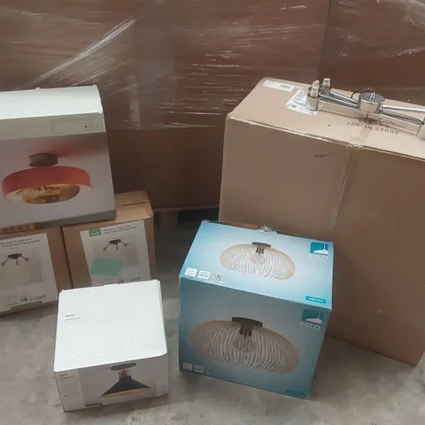 PALLET CONTAINING A VERY LARGE QUANTITY OF ASSORTED DESIGNER LIGHTING PRODUCTS INCLUDING: FLOYD 2 LIGHT FLUSH CEILING FITTING, MARSDEN 3 LIGHT SEMI FLUSH CEILING LIGHTS ECT