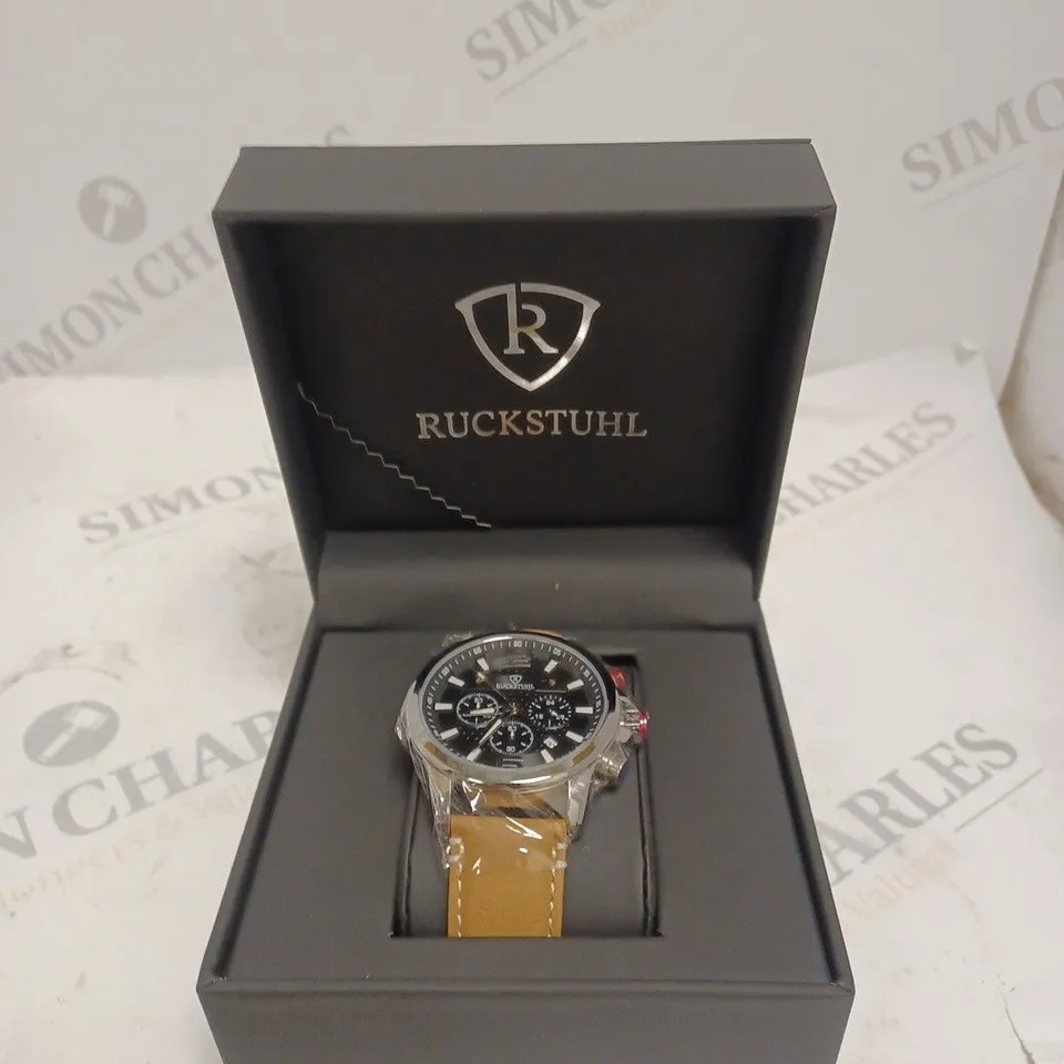 MENS RUCKSTUHL CHRONOGRAPH WATCH – BLACK DIAL - LEATHER STRAP – DATE FUNCTION