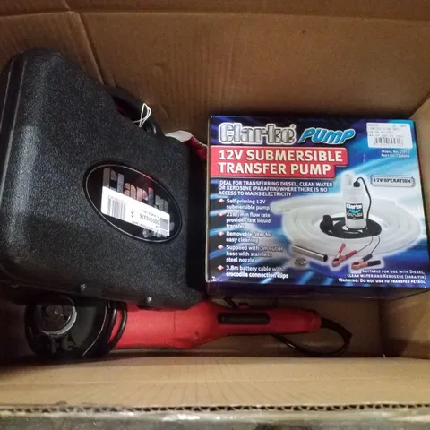 BOX CONTAINING ASSORTED PRODUCTS INCLUDING 12V SUBMERSIBLE TRANSFER PUMP, ANGLE GRINDER & AIR STAPLE GUN