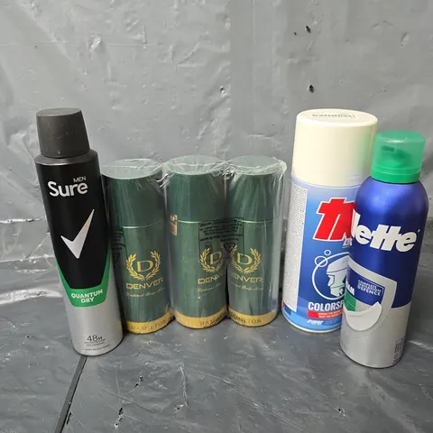APPROXIMATELY 10 ASSORTED AEROSOLS TO INCLUDE SURE BODY SPRAY , SHAVING FOAM , ETC
