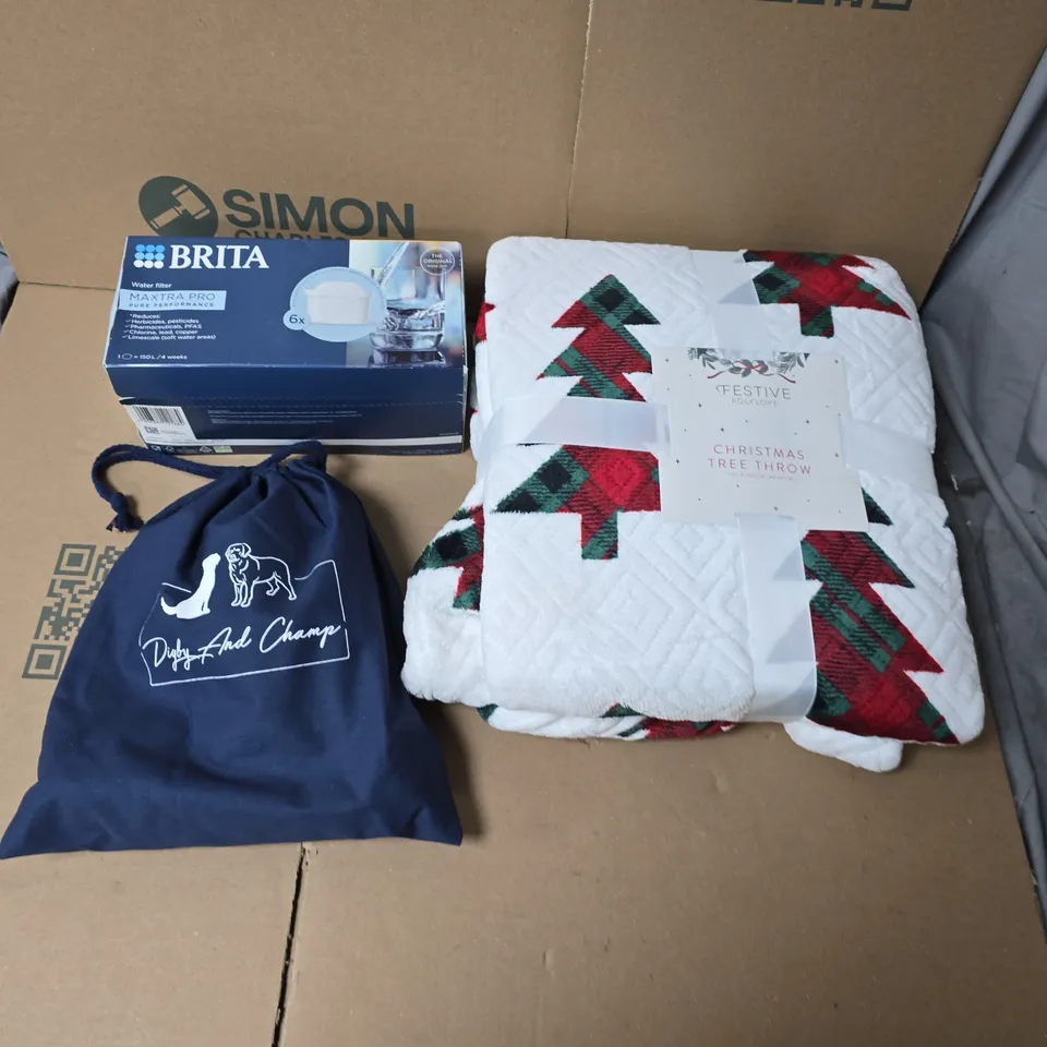 LARGE QUANTITY OF ASSORTED ITEMS TO INCLUDE CHRISTMAS THROW, BRITA FILTER, DIGBY & CHAMP DOG HARNESS, ETC - COLLECTION ONLY