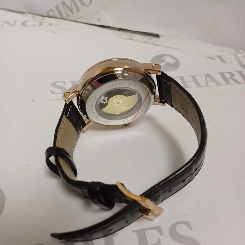 MENS ZIHLMANN & CO AUTOMATIC WATCH – Z150 – MOONPHASE DIAL – GLASS EXHIBITION BACKCASE - SILVER COLOUR CASE – BLACK LEATHER STRAP