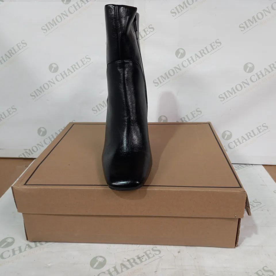 BOXED PAIR OF ASOS DESIGN EMBASSY HIGH HEELED ANKLE BOOTS IN BLACK UK SIZE 6