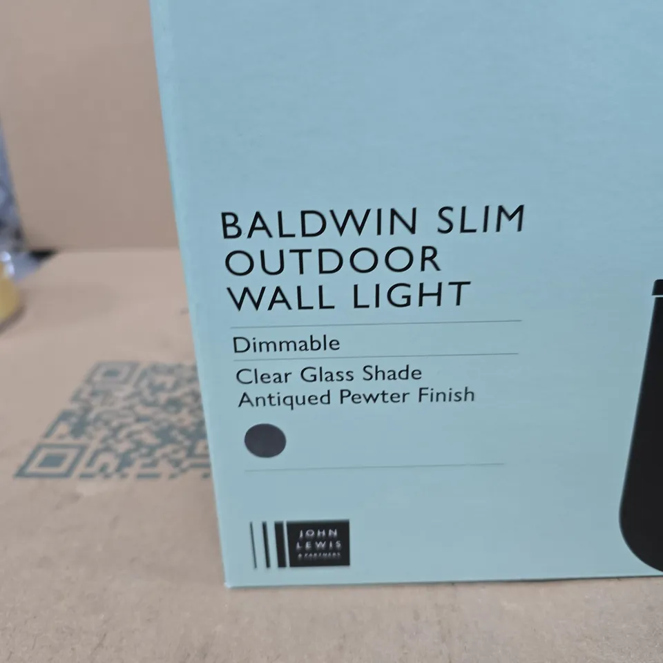 BALDWIN SLIM OUTDOOR WALL LIGHT – ANTIQUE PEWTER FINISH, CLEAR GLASS SHADE