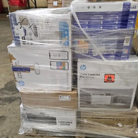 PALLET OF APPROXIMATELY 18 UNPROCESSED RAW RETURN PRINTER, SOUND AND DJ EQUIPMENT TO INCLUDE;