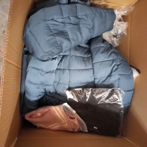 BOX OF ASSORTED CLOTHING ITEMS TOO INCLUDE DRESSES , SHIRTS AND TROUSERS IN VARIOUS SIZES AND COLOURS