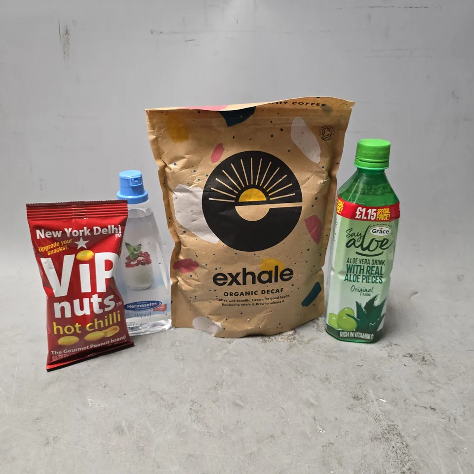 APPROXIMATELY 7 ASSORTED FOOD & DRINK ITEMS TO INCLUDE - VIP NUTS HOT CHILLI , HERMESETAS LIQUID , EXHALE ORGANIC DECAF COFFEE ETC