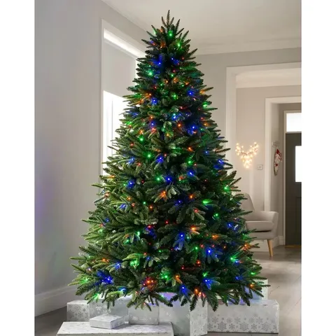 BOXED ALASKAN GREEN FIR ARTIFICIAL CHRISTMAS TREE WITH COLOURES & WHITE LIGHTS