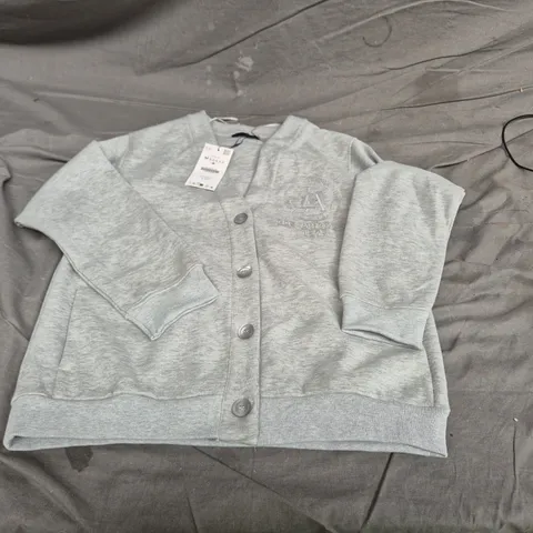 GREY CARDIGAN SWEATER, SIZE M, EMBOSSED CREST DETAIL