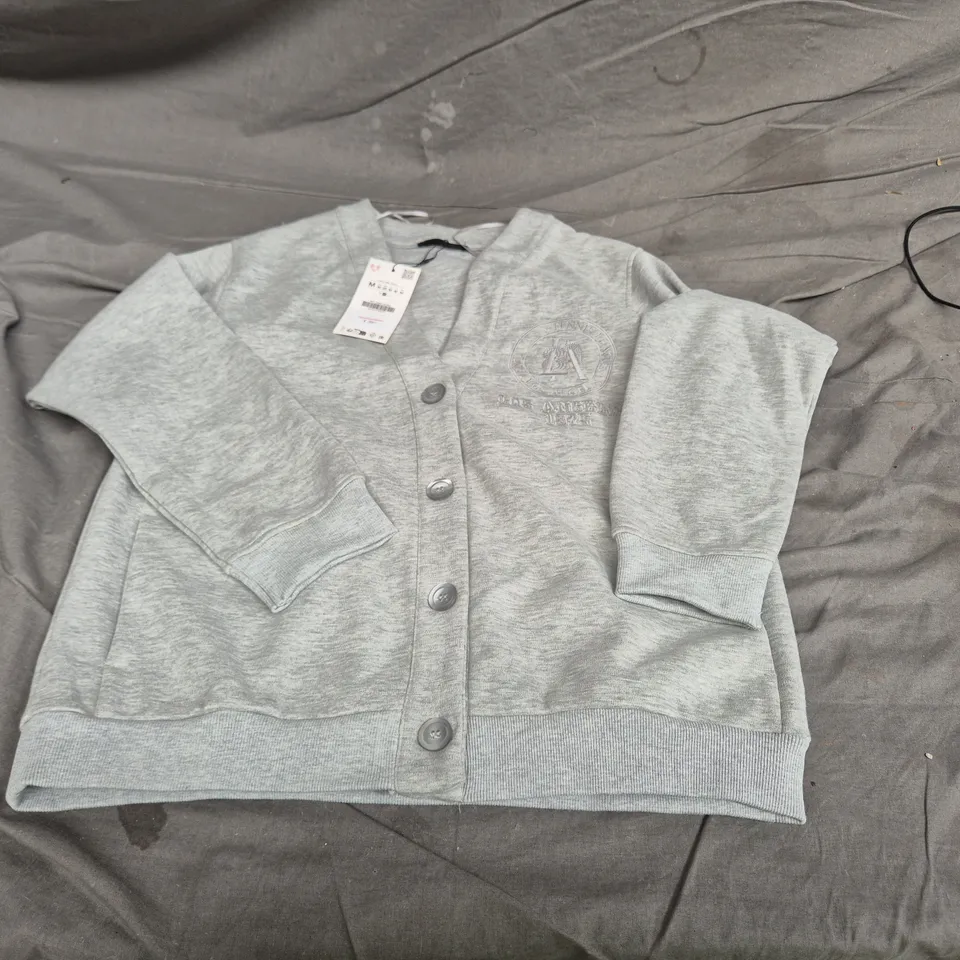 GREY CARDIGAN SWEATER, SIZE M, EMBOSSED CREST DETAIL