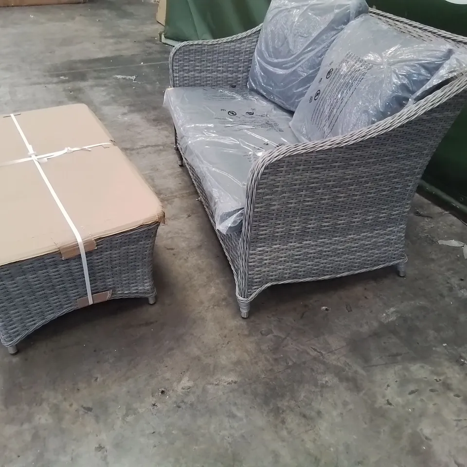 DESIGNER GREY RATTAN COFFEE SET OF TWO SEATER SOFA WITH CUSHIONS & GLASS TOP COFFEE TABLE 