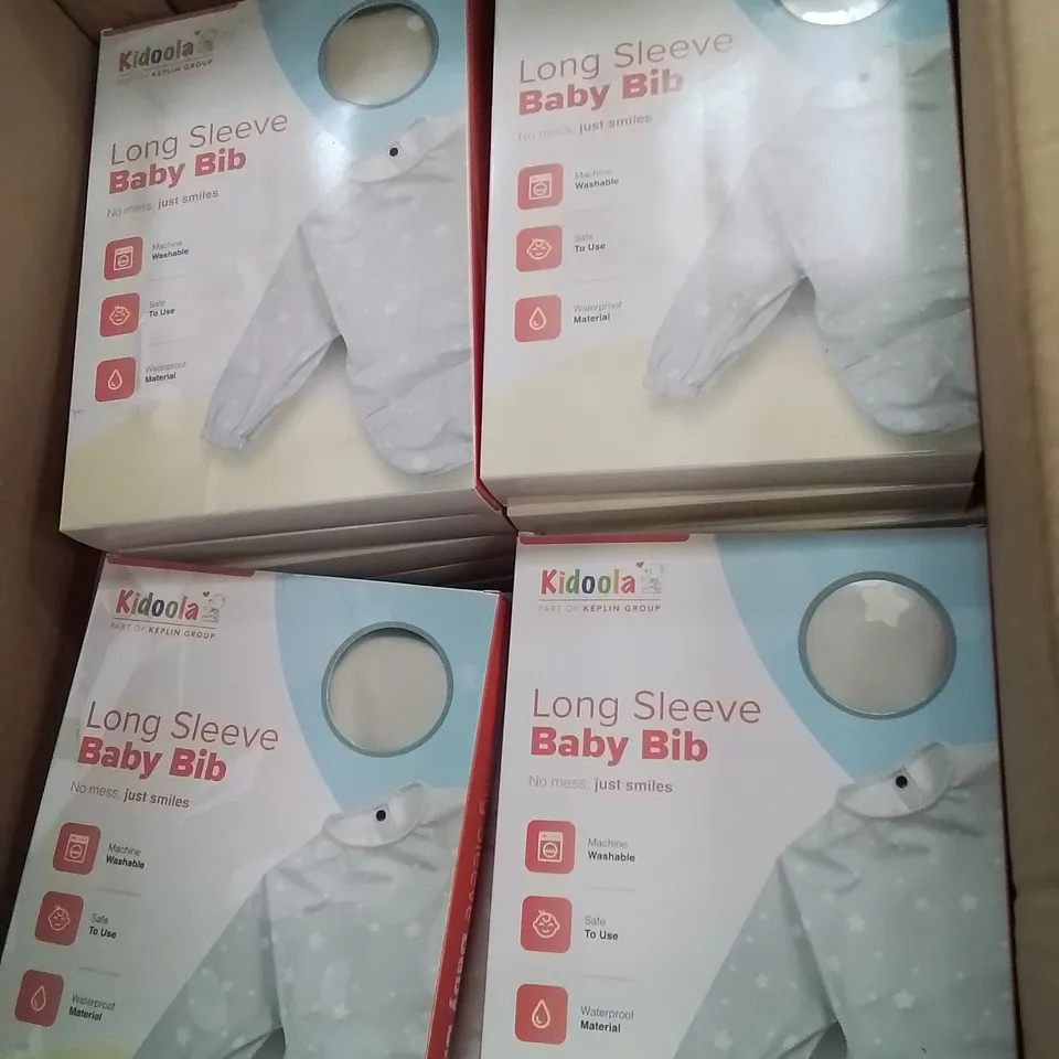 BOX CONTAINING LARGE AMOUNT OF BOXED BABY LONG SLEEVE BIBS