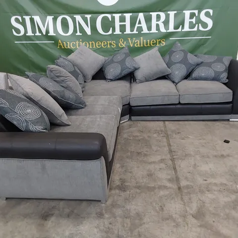 DESIGNER CORNER GROUP BLACK FAUX LEATHER & GREY FABRIC WITH SCATTER CUSHIONS 