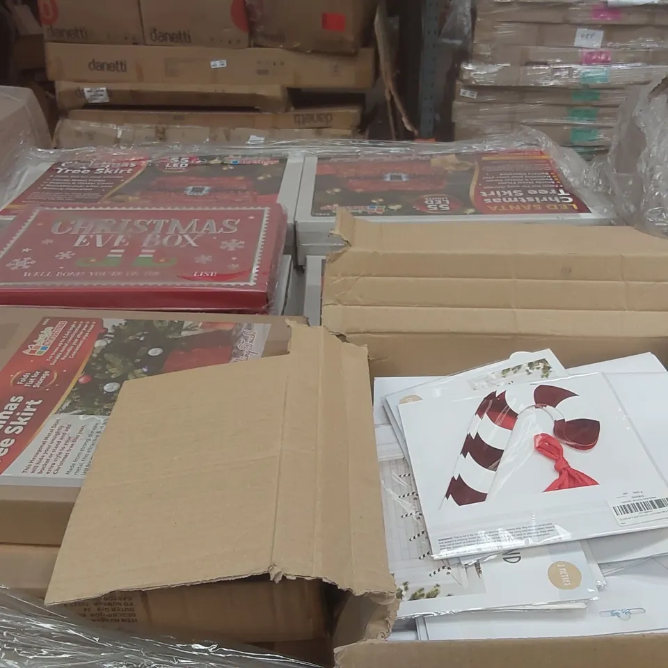 PALLET CONTAINING A VERY LARGE QUANTITY OF ASSORTED ITEMS INCLUDING: CHRISTMAS TREE SKIRTS, CHRISTMAS DECORATIONS, CHRISTMAS EVE BOXES ECT