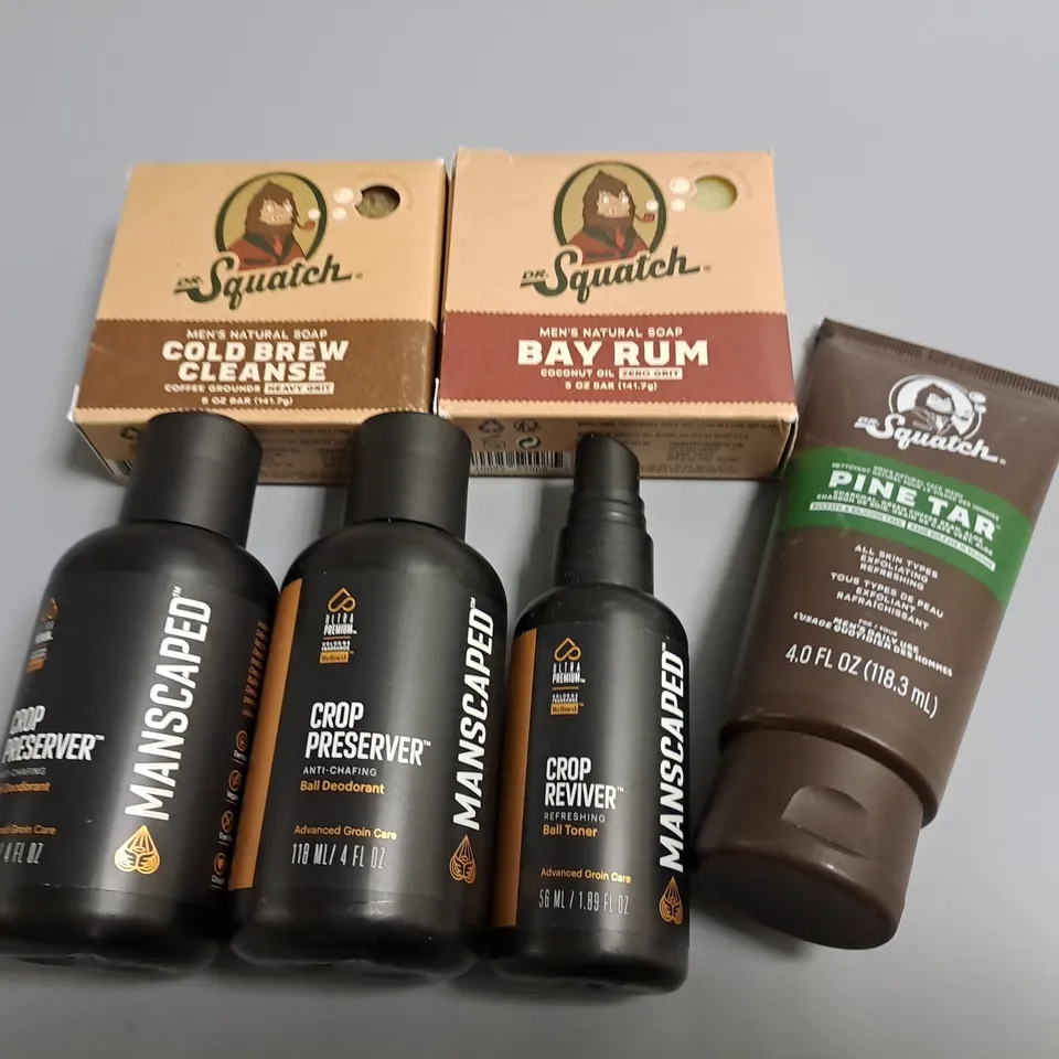 LOT OF 6 ASSORTED MENS BEAUTY ITEMS TO INCLUDE DR SQUATCH SOAP AND MANSCAPED CROP PRESERVER