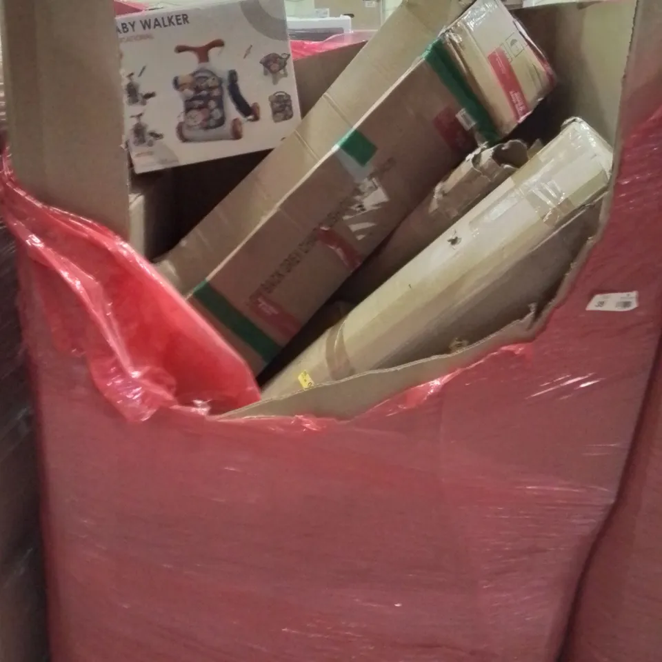 PALLET CONTAINING VARIOUS ASSORTED BOXED HOUSEHOLD ITEMS TO INCLUDE: GARDEN PARASOLS, BABY WALKER AND LOTS MORE UNMARKED BOXED ITEMS 