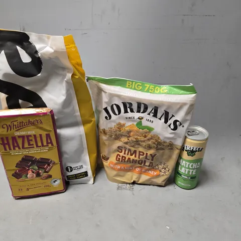 APPROXIMATELY 7 ASSORTED FOOD & DRINK ITEMS TO INCLUDE - JORDANS SIMPLY GRANOLA ,MATCHA LATTE , RAVE ETC