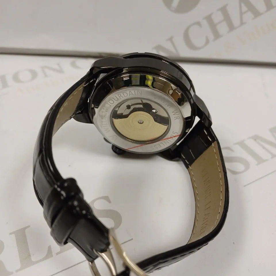 MENS WILLIAM JOURDAIN AUTOMATIC 2580 WATCH – OPEN HEART MOVEMENT WITH SUB DIALS – GLASS EXHIBITION BACK CASE – BLACK GENUINE LEATHER STRAP