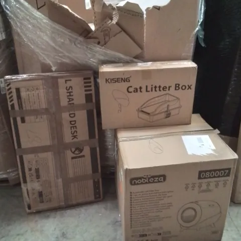 PALLET OF ASSORTED HOUSEHOLD GOODS AND PRODUCTS TO INCLUDE;COMPUTER DESK,AUTOMATIC CAT LITTER TRAY,CAT LITTER BOX