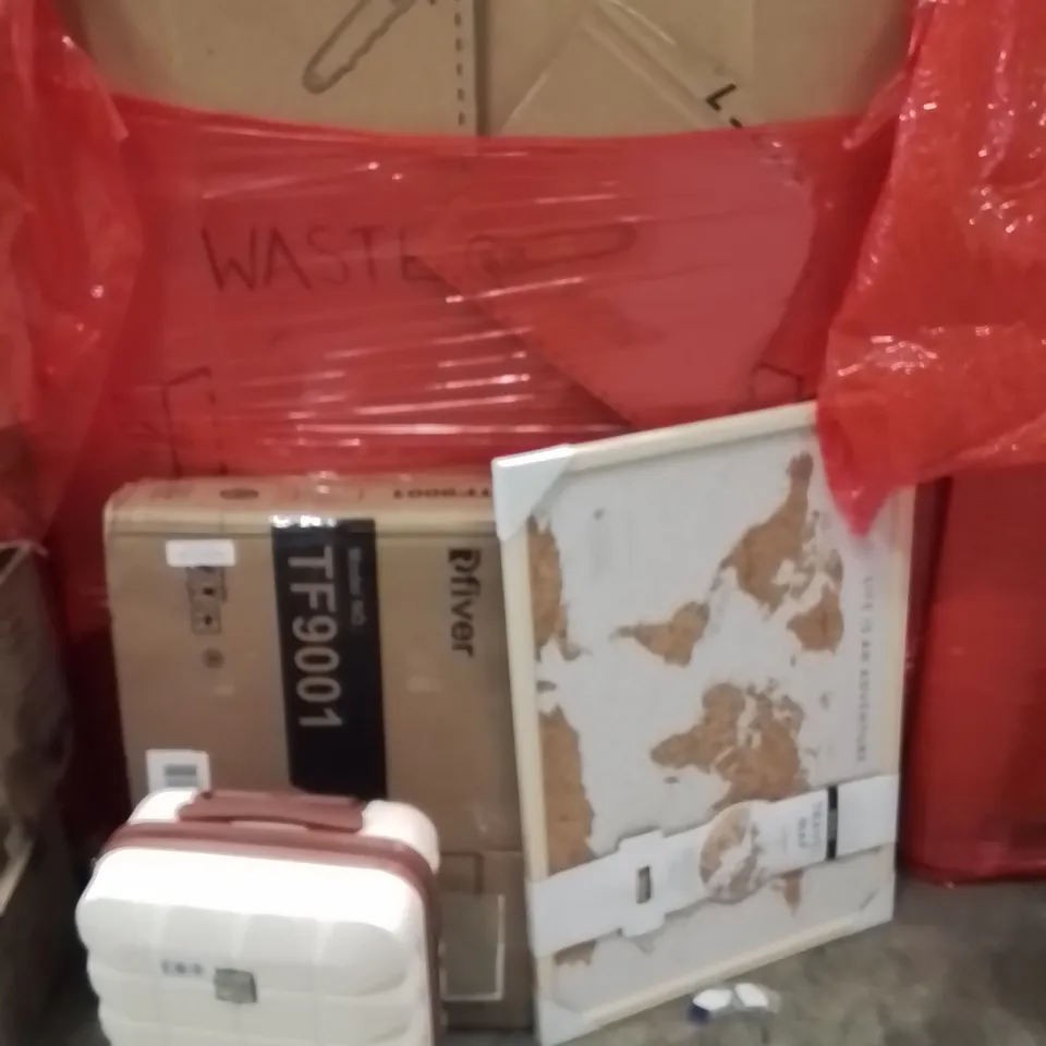 PALLET OF ASSORTED HOUSEHOLD GOODS AND PRODUCTS TO INCLUDE;TRAVEL MAP,SUITCASE,TV STAND WITH WHEELS 