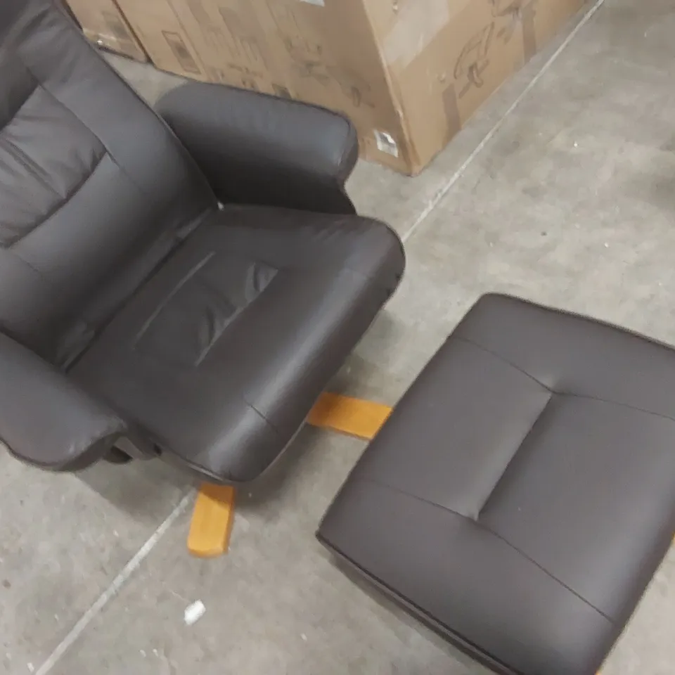 DESIGNER FAUX LEATHER RECLINER WITH FOOTSTOOL - BROWN -