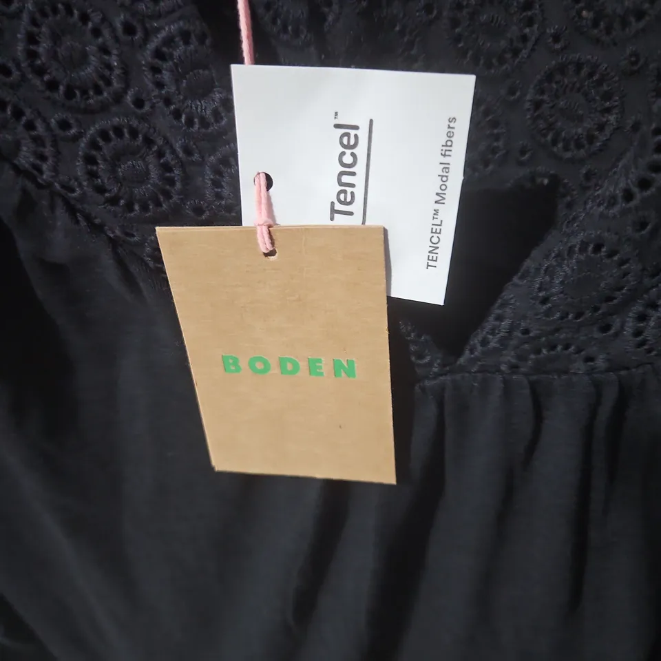 BODEN BLACK DRESS WITH LACE PUFF SLEEVES, UK 16P (PETITE) – TENCEL MODAL FIBRES