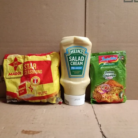 APPROXIMATELY 10 ASSORTED FOOD AND DRINK ITEMS TO INCLUDE SALAD CREAM, INSTANT NOODLES, ETC