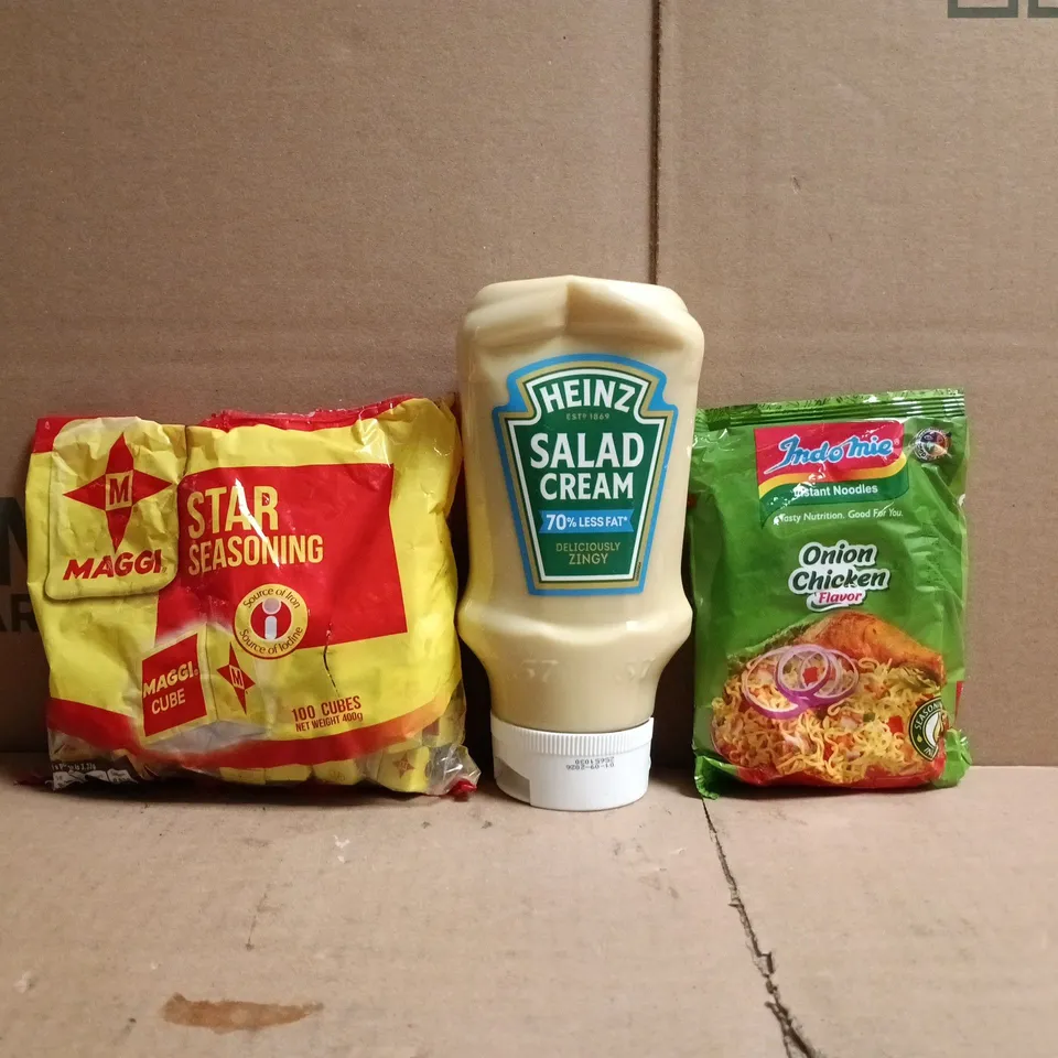 APPROXIMATELY 10 ASSORTED FOOD AND DRINK ITEMS TO INCLUDE SALAD CREAM, INSTANT NOODLES, ETC