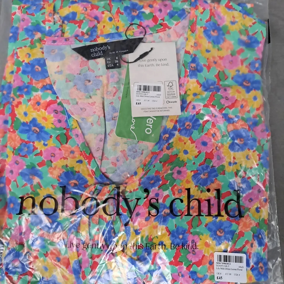 NOBODY'S CHILD LILY MIDI DRESS LEONA FLORAL IN MULTICOLOUR UK SIZE 8