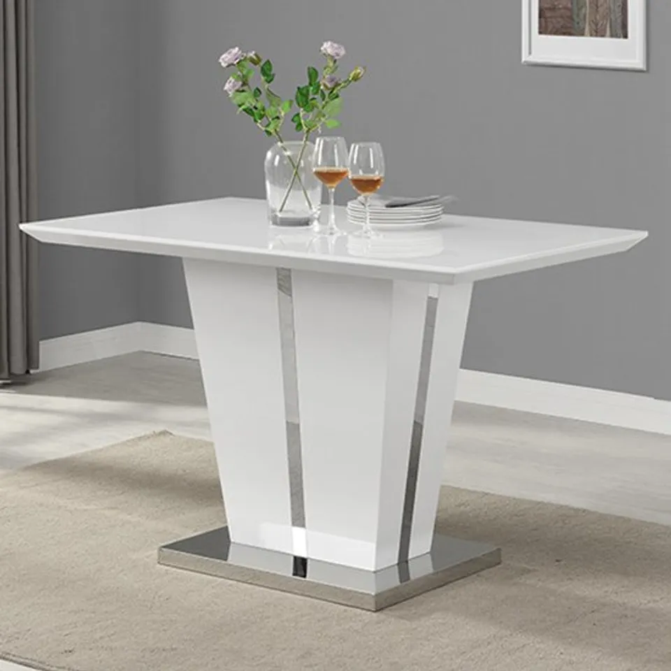 BOXED MEMPHIS SMALL WHITE HIGH GLOSS DINING TABLE WITH SUPER WHITE GLASS TOP (2 BOXES)