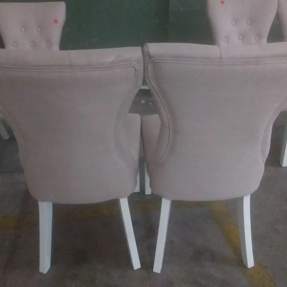 SET OF 6 NEW BEWLEY OATMEAL FABRIC BUTTON BACK DINING CHAIRS (WHITE LEG)