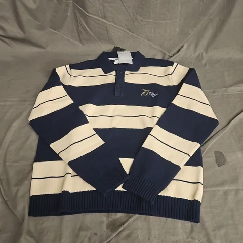 PERCIVALSTRIPED LONG SLEEVE KNITED POLO IN NAVY MULTI SIZE M